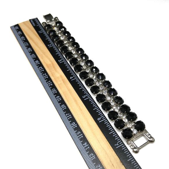 Vintage Black & Clear Rhinestone Bracelet, Rhodium Plated, 1950s - Picture 7 of 10